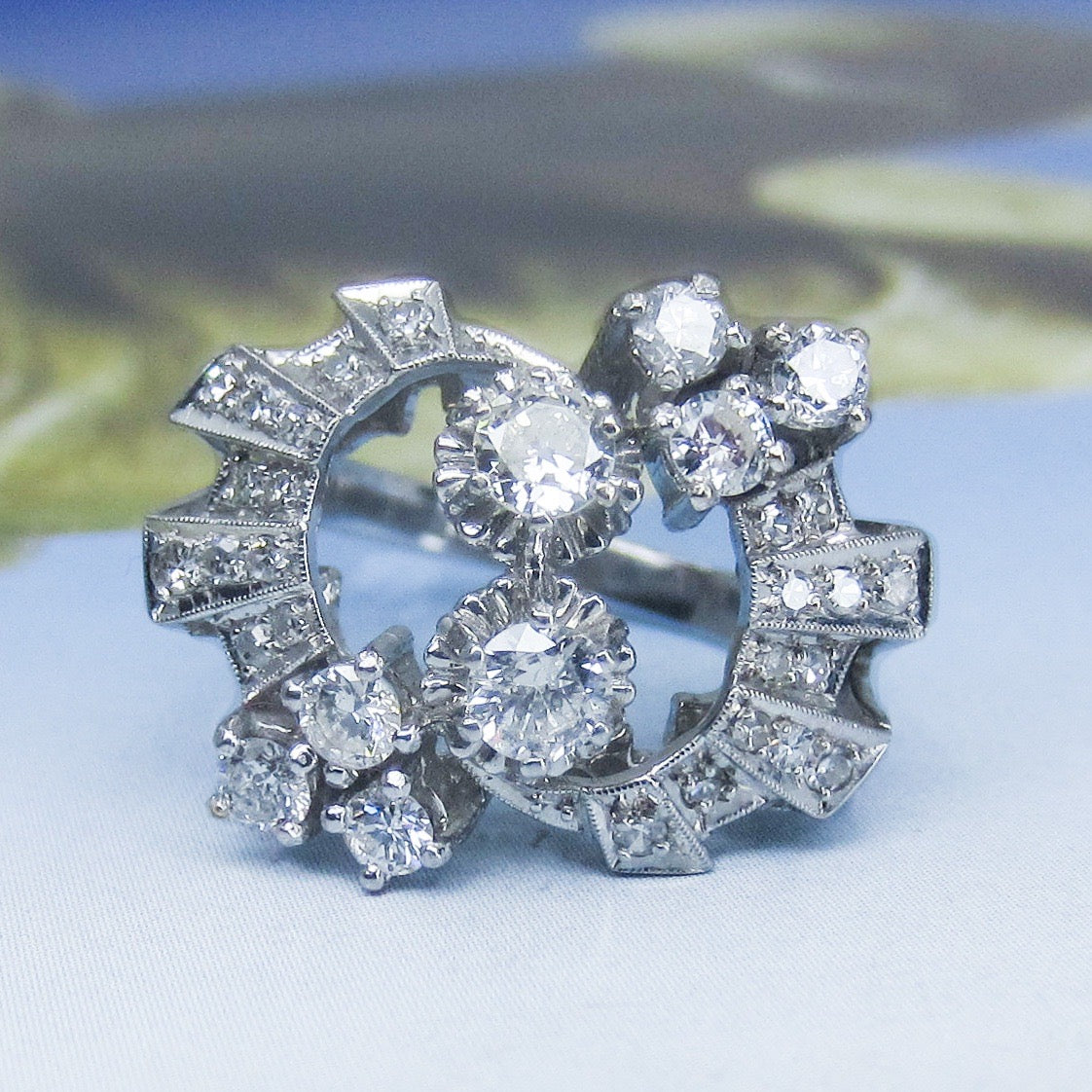 SOLD--Retro Diamond Cocktail Ring 18k c. 1940