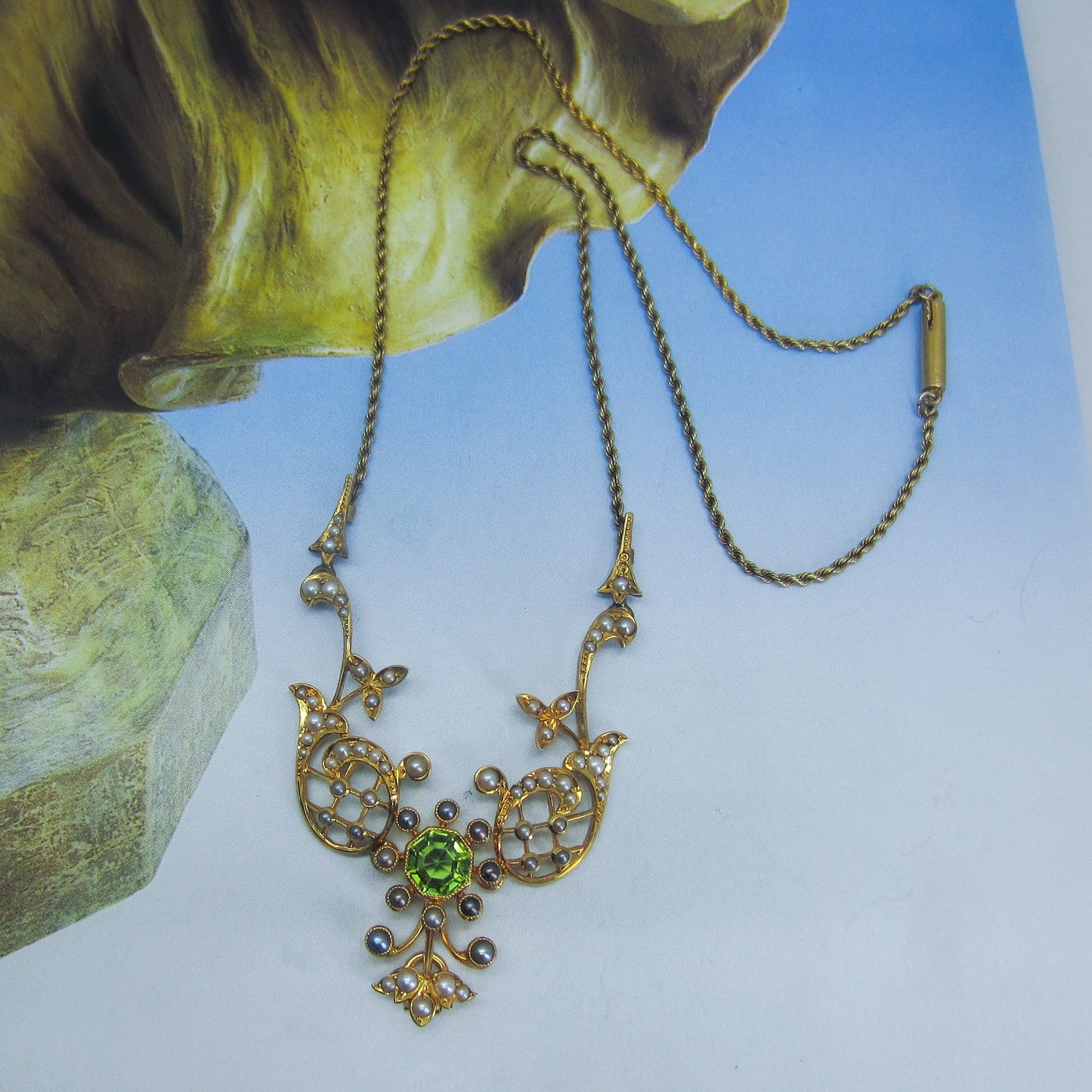 SOLD--Edwardian Peridot and Pearl Necklace 15k, British c. 1900