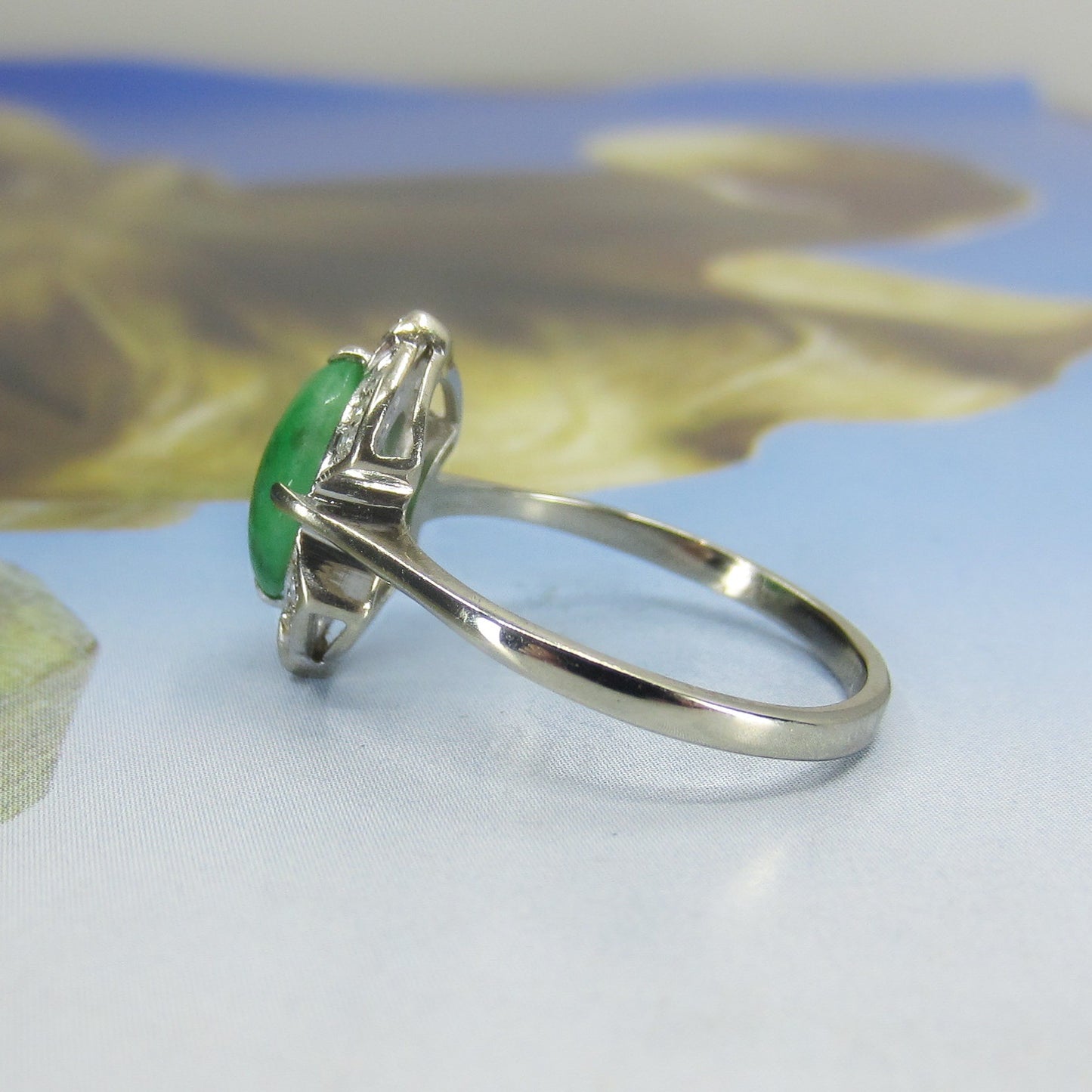 SOLD--Late Art Deco Jade and Diamond Ring 14k c. 1940