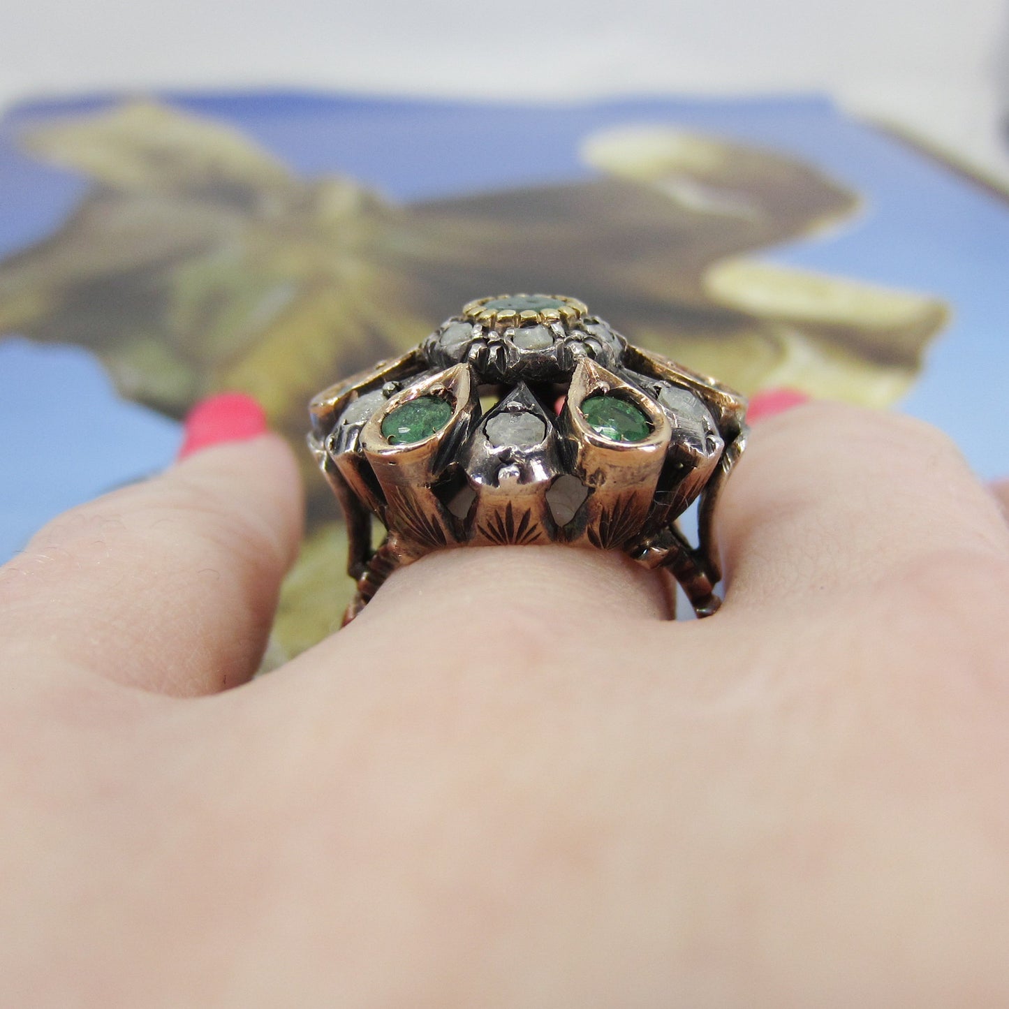 Mid-Century Renaissance Revival Emerald and Diamond Cluster Ring Silver/14k c. 1940