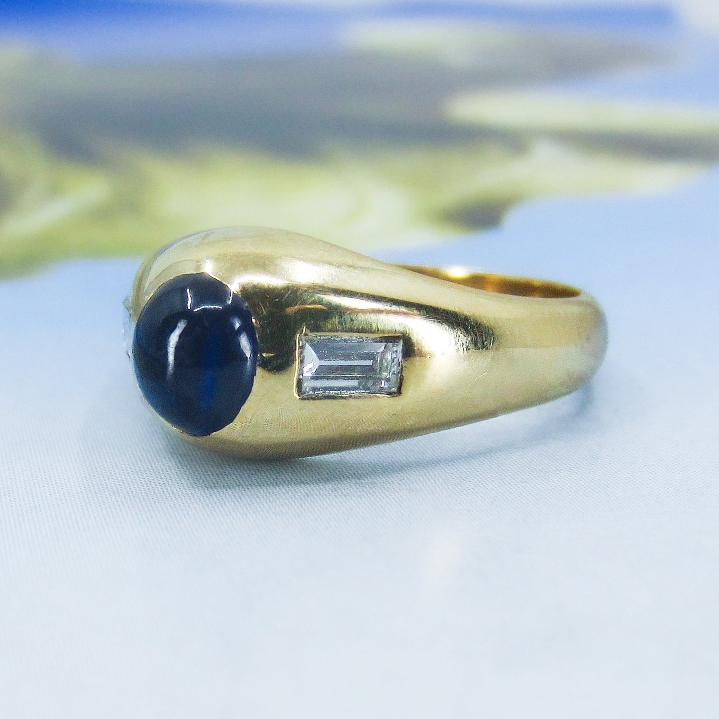 Art Deco Sapphire Cabochon and Diamond Ring 14k c. 1930