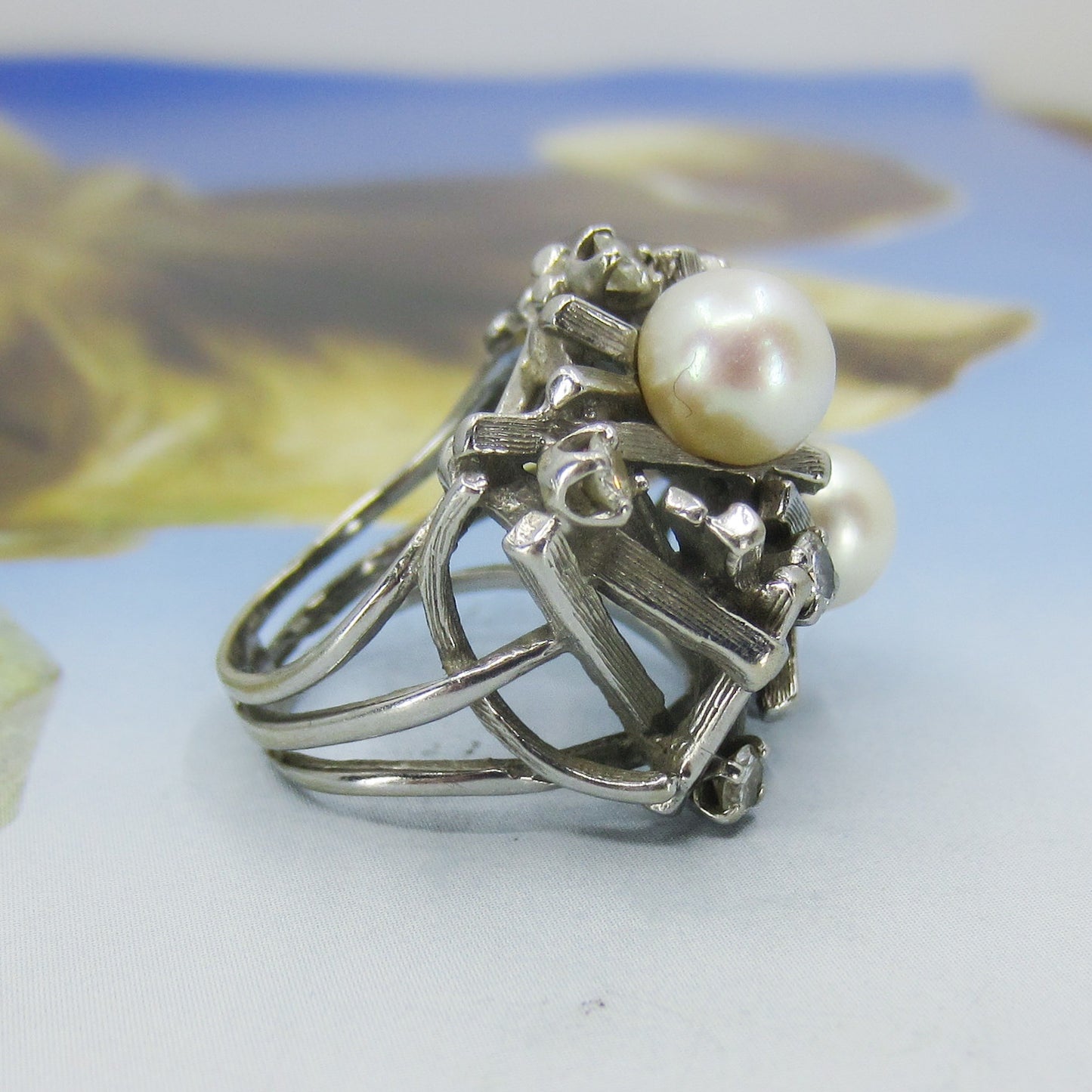 Brutalist Diamond And Pearl Ring 14k c. 1970