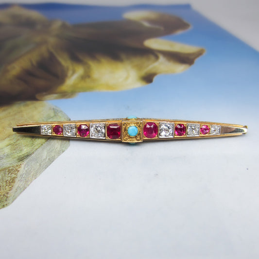 Gorgeous Art Deco Egyptian Revival Ruby, Diamond and Turquoise Brooch 18k c. 1920