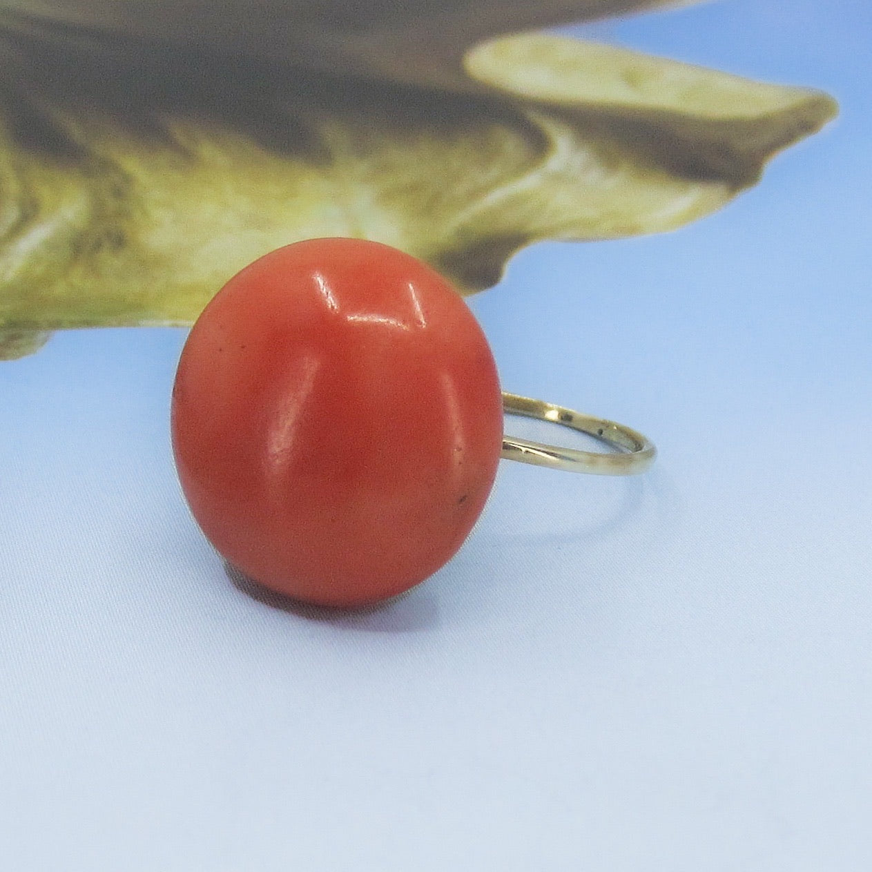 SOLD- Victorian Large Coral Cabochon Ring 14k c. 1890