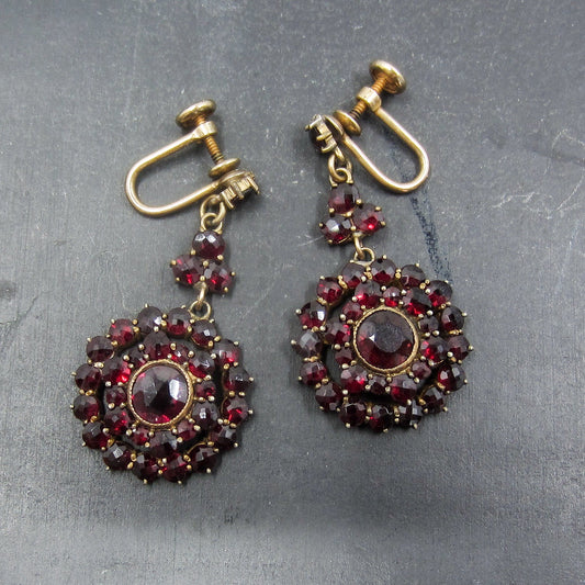 SOLD-Art Deco Bohemian Garnet Cluster Earrings Gilt Brass c. 1930