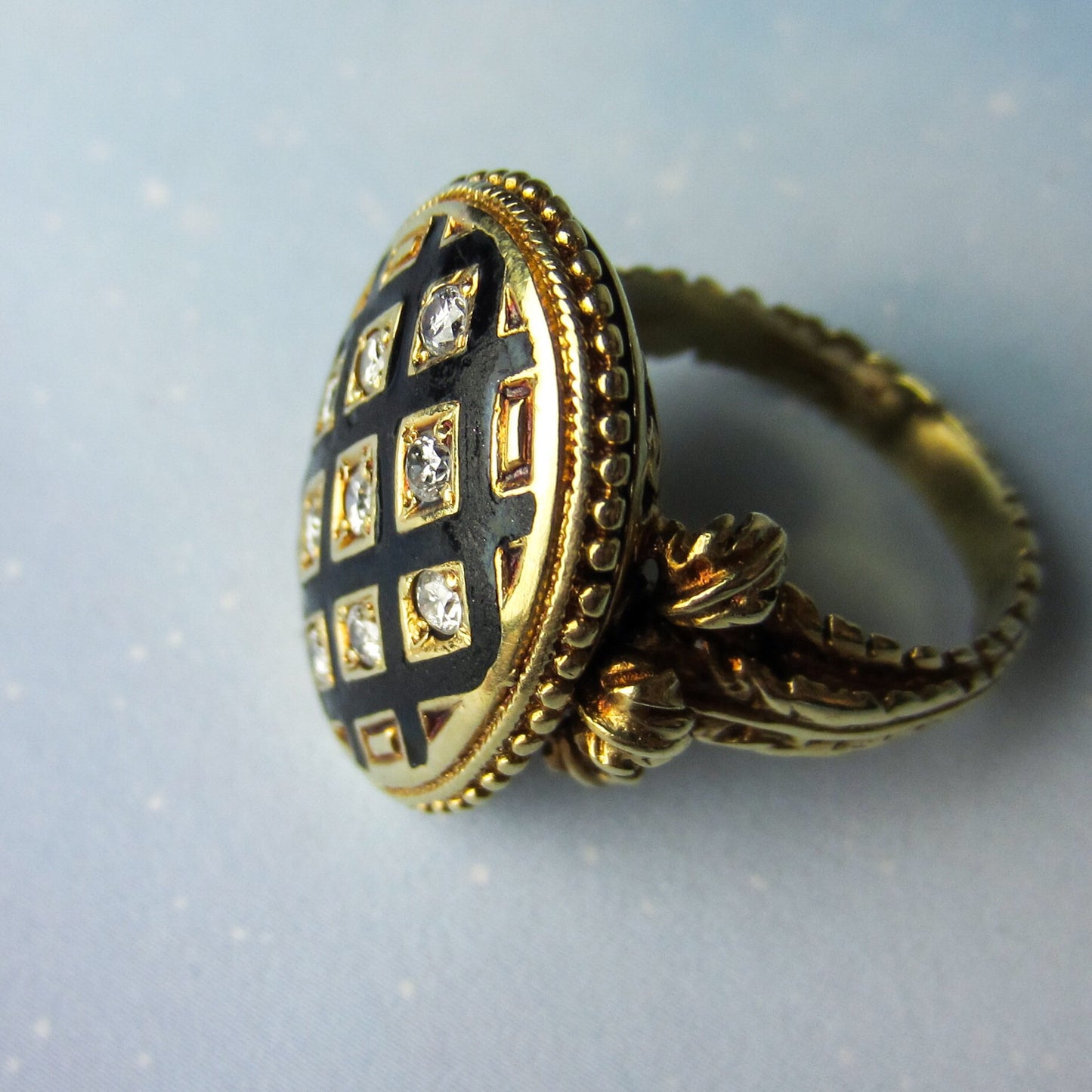 SOLD--Fantastic 1940's Victorian Revival Diamond Enamel Ring 14k