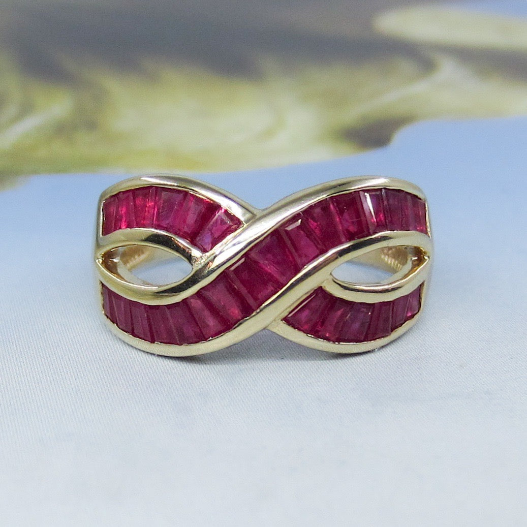 SOLD--Vintage 90’s Ruby Baguette Infinity Ring 14k c. 1995