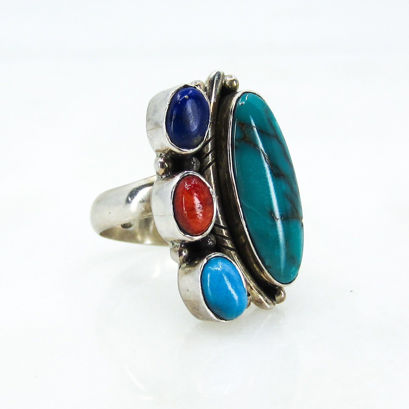 Vintage Big Turquoise, Spiny Oyster and Lapis Ring Sterling c. 1990