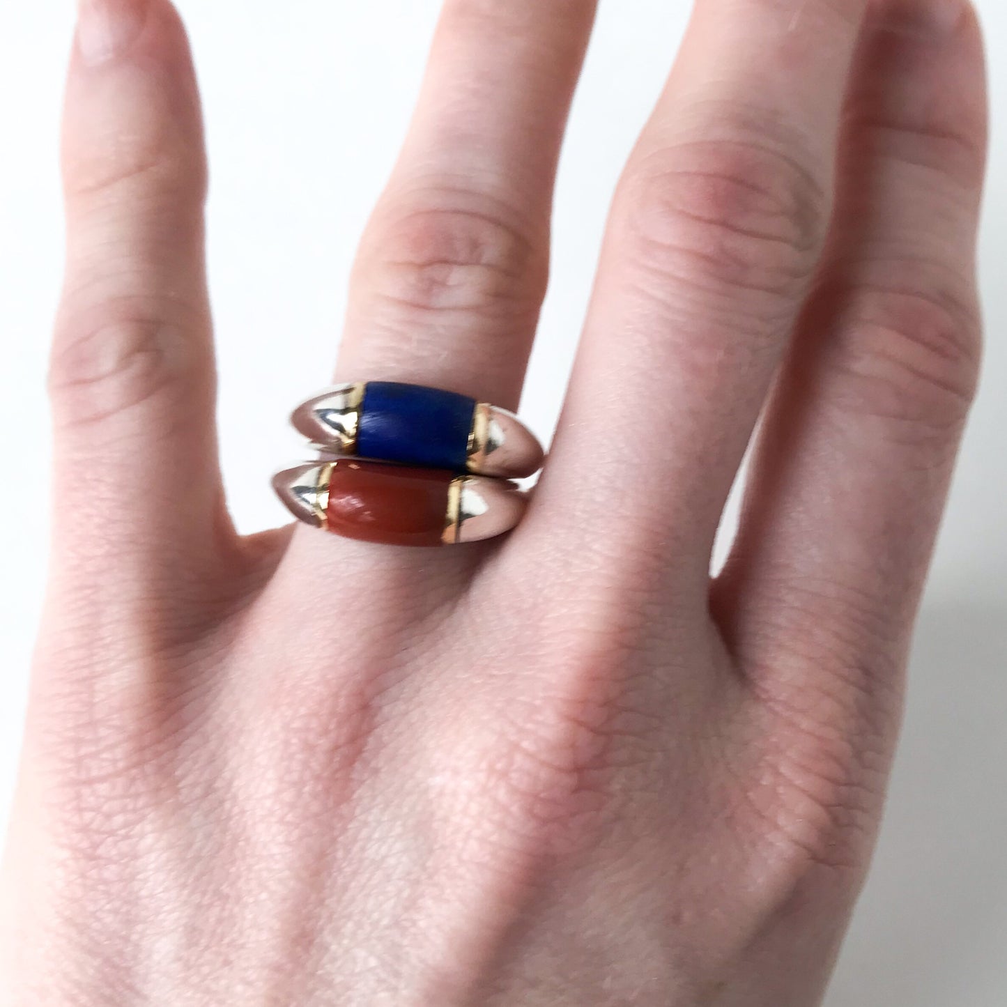 SOLD- Pair of Cartier Lapis and Jasper Stacking Rings 18k/Sterling c. 1970, size 5