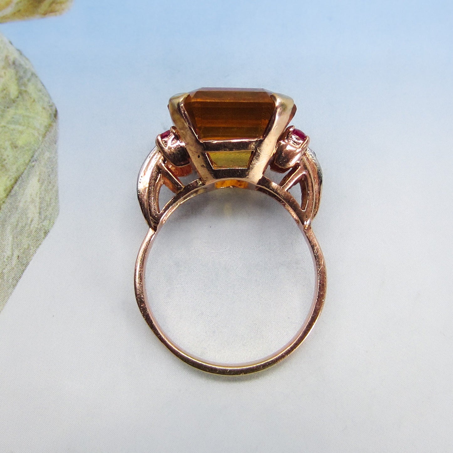 SOLD-Retro Citrine, Ruby and Diamond Cocktail Ring 14k c. 1940