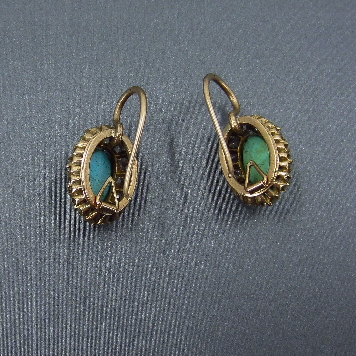 SOLD—Victorian Turquoise and Old Mine Diamond Earrings 14k c. 1880