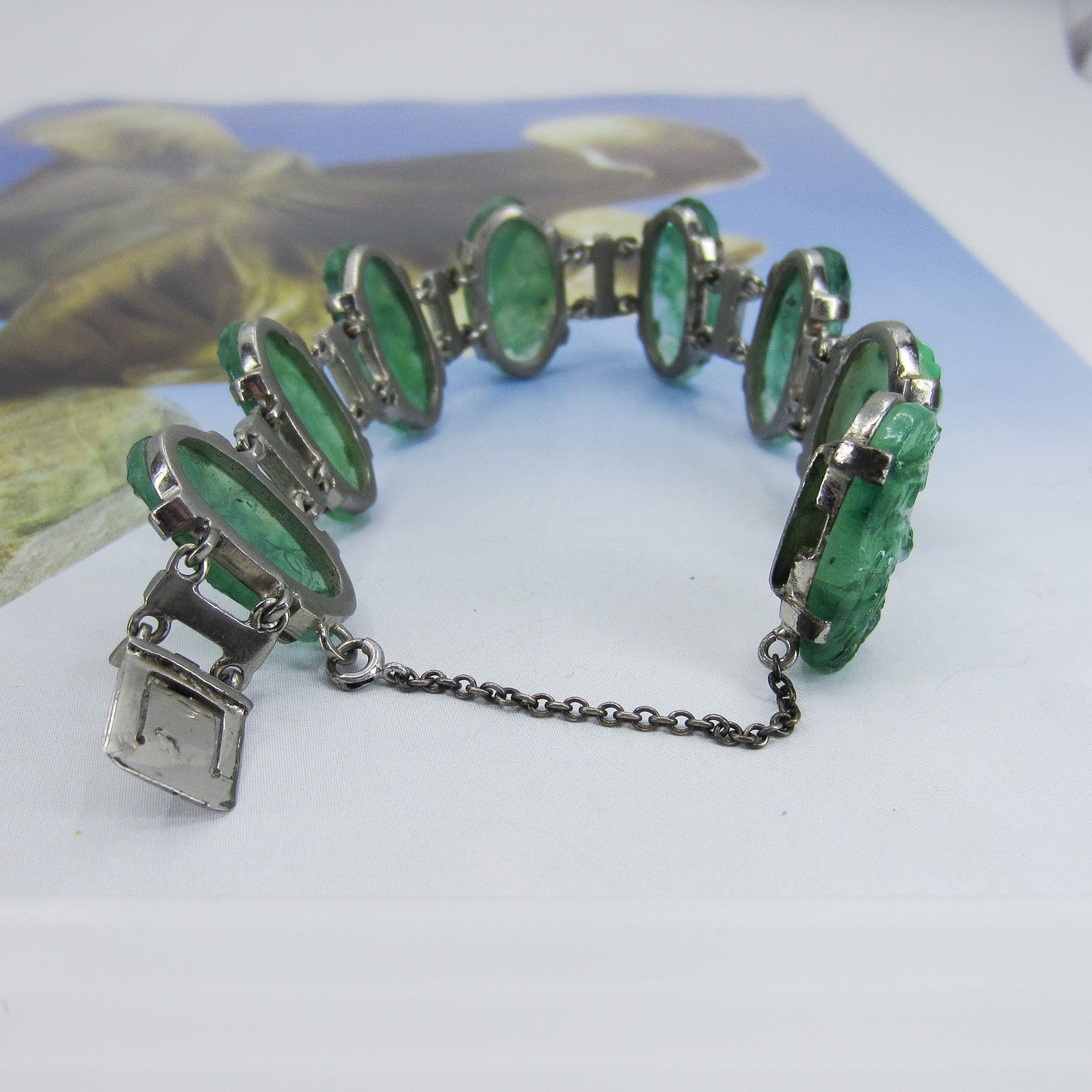 Art Deco Jade Glass and Marcasite Bracelet Sterling, French c. 1920