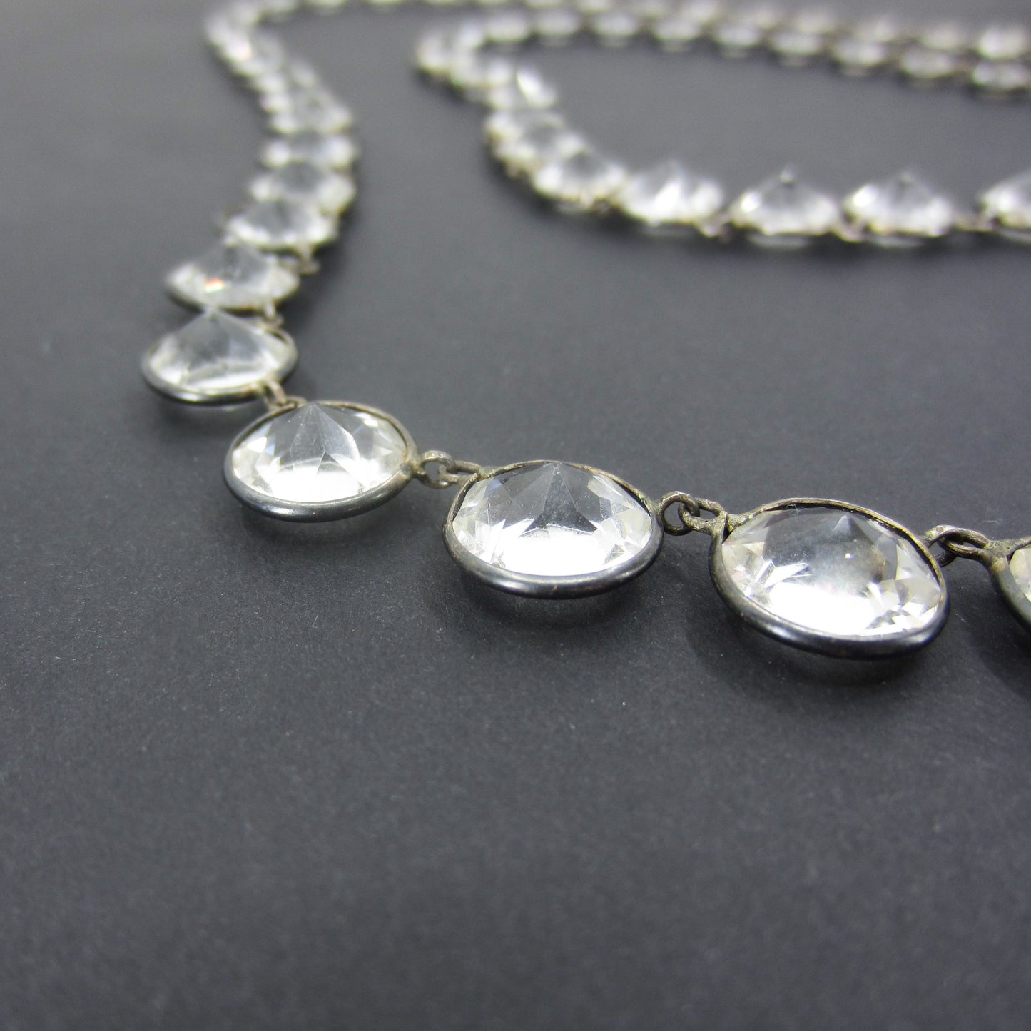 Art Deco Long 32” Graduated Paste Crystal Necklace Sterling c. 1930