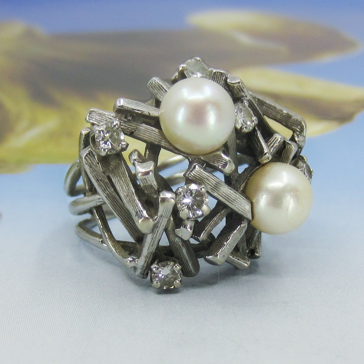 Brutalist Diamond And Pearl Ring 14k c. 1970