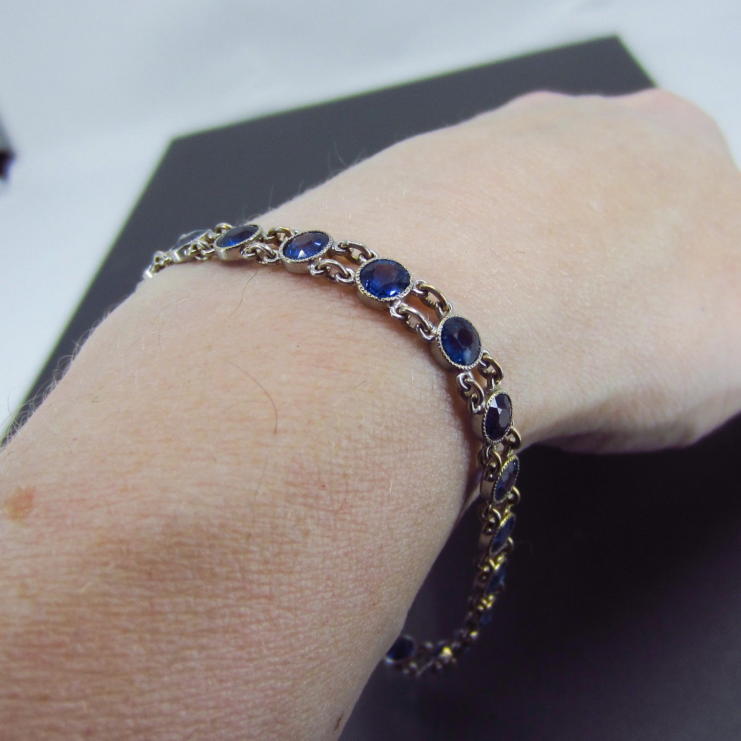 SOLD--Edwardian Bezel Set Sapphire Line Bracelet 14k c. 1910