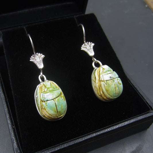 SOLD--Vintage Egyptian Revival Faience Scarab Earrings Silver c. 1970