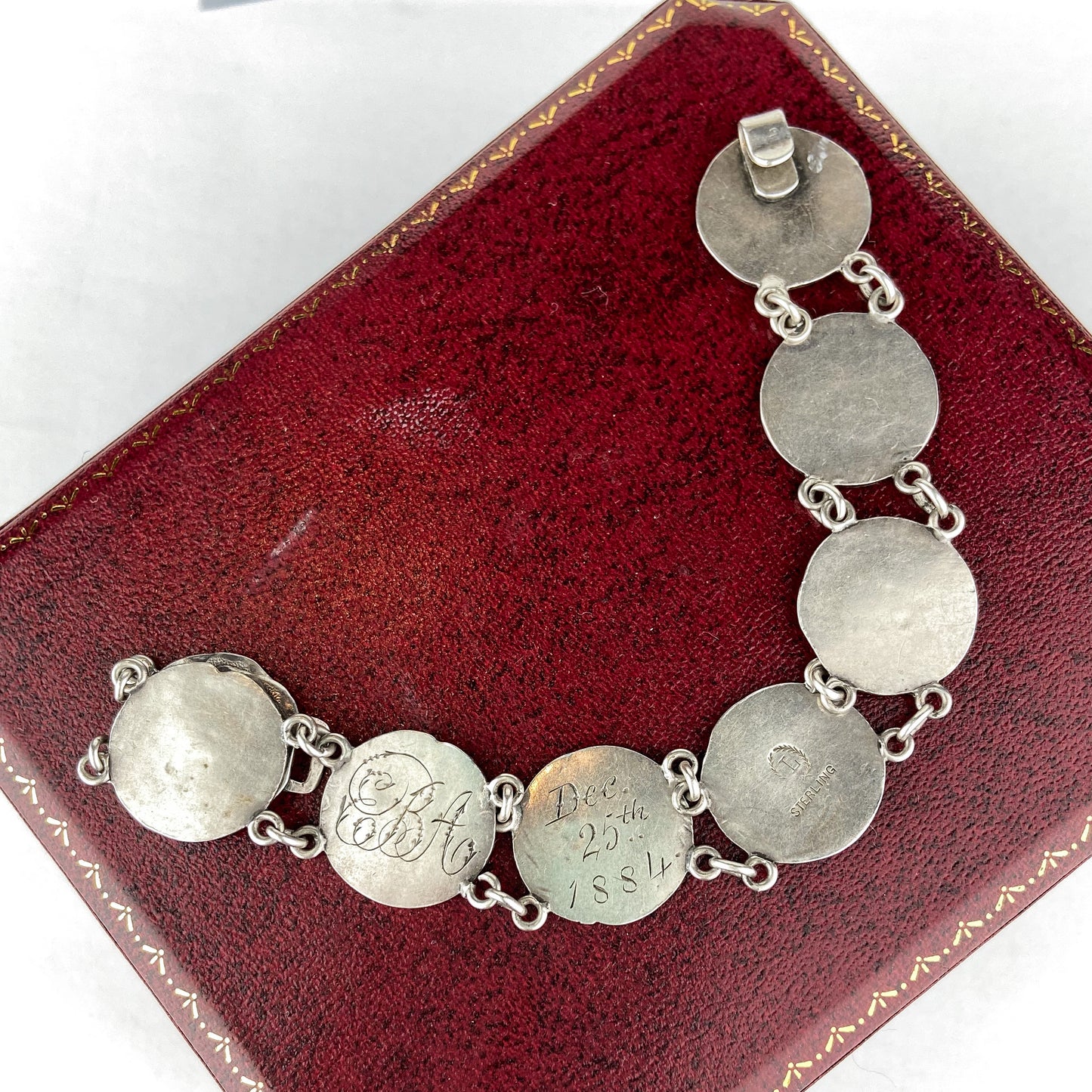 SOLD— Victorian Etruscan Revival Coin Bracelet Sterling c. 1884