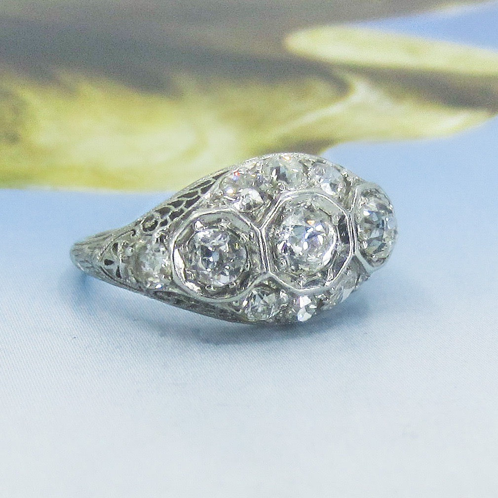 Art Deco Old Mine Diamond 1.62ctw Filigree Ring Platinum c. 1930