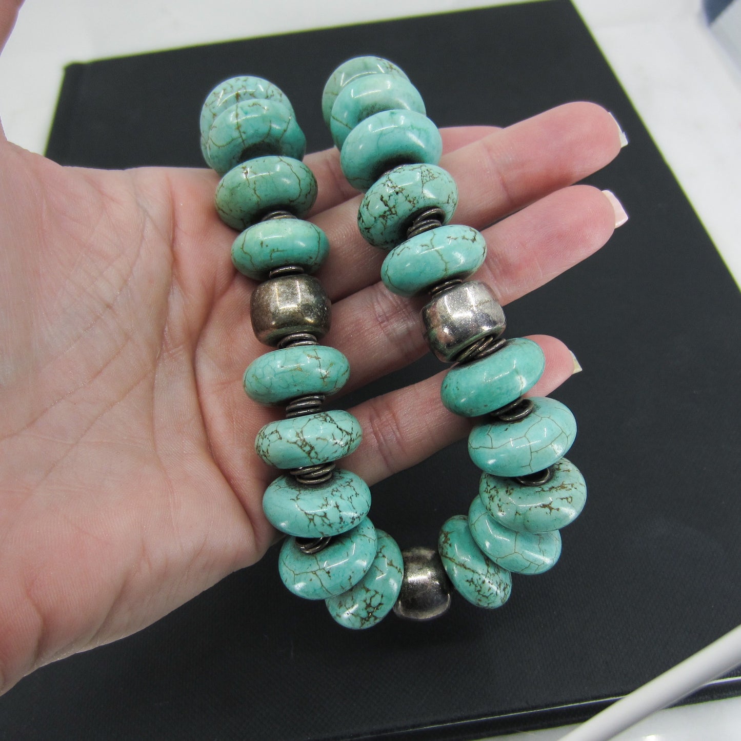 Vintage Chunky Turquoise Bead Necklace Sterling c 1980