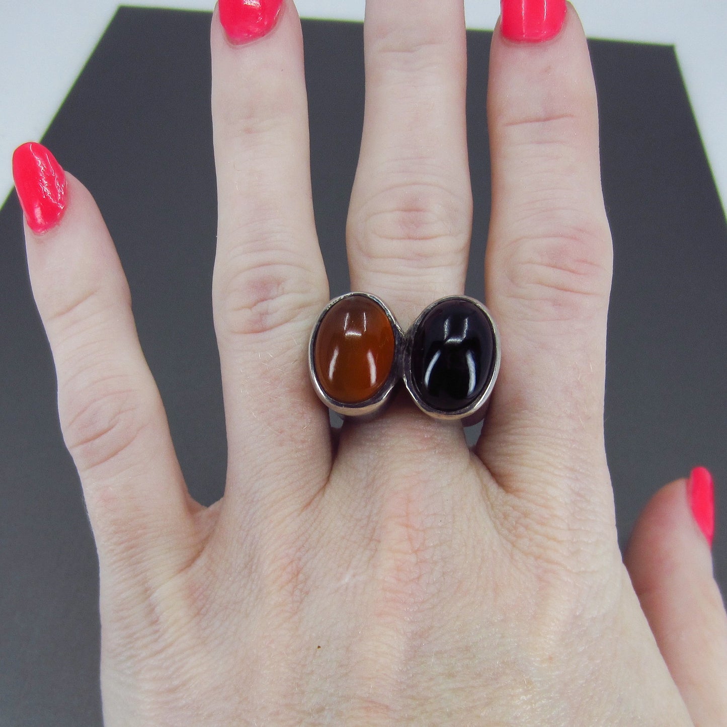 SOLD--Modernist Carnelian and Onyx Cabochon Ring Sterling c. 1970