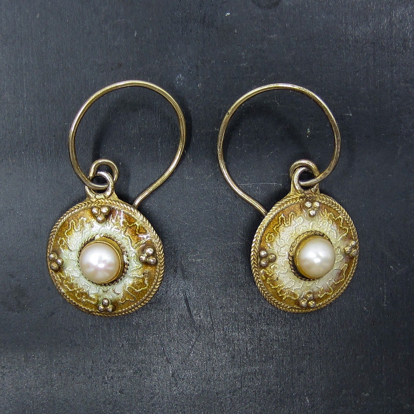 SOLD-Vintage Enamel and Pearl Drop Earrings Gilt Sterling, Scandinavian c. 1970