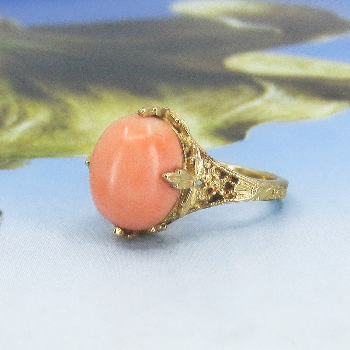 SOLD-Art Deco Coral Filigree Ring 14k c. 1930