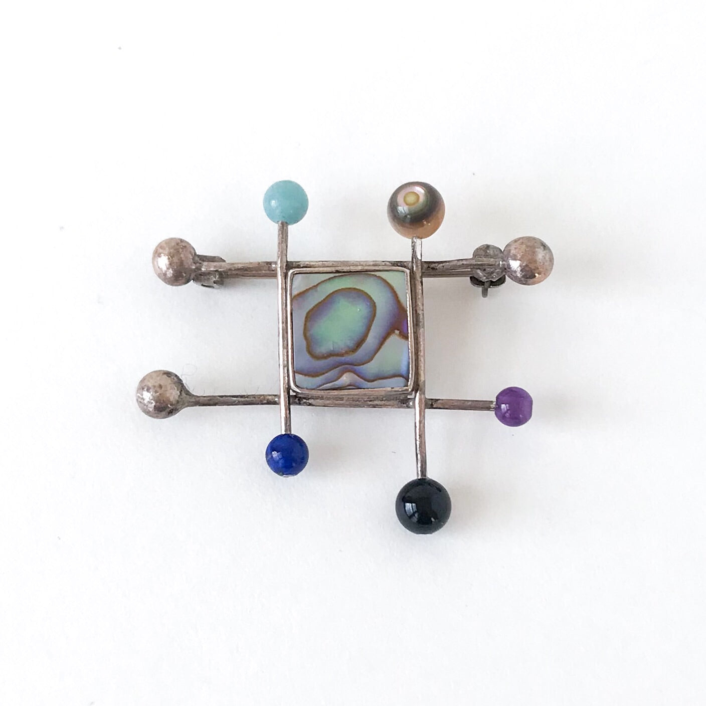 SOLD-Post-Modern Geometric Multi-Gem Brooch Sterling c. 1990