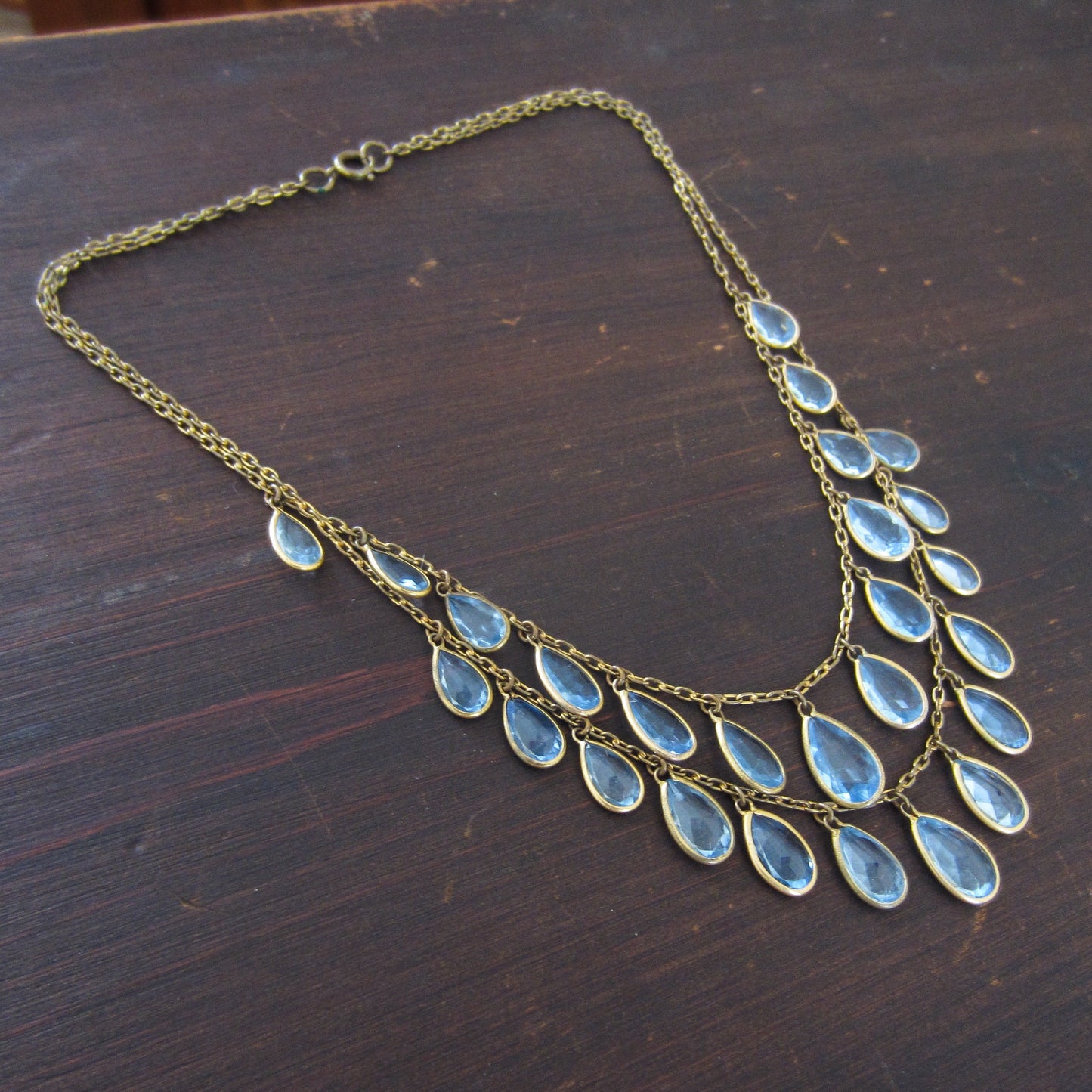 SOLD-Art Deco Blue Paste Drop Necklace Gilt Brass c. 1930