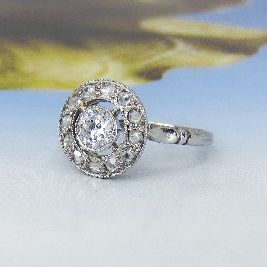 SOLD--Art Deco French Old European and Rose Cut Diamond Ring 18k c. 1930