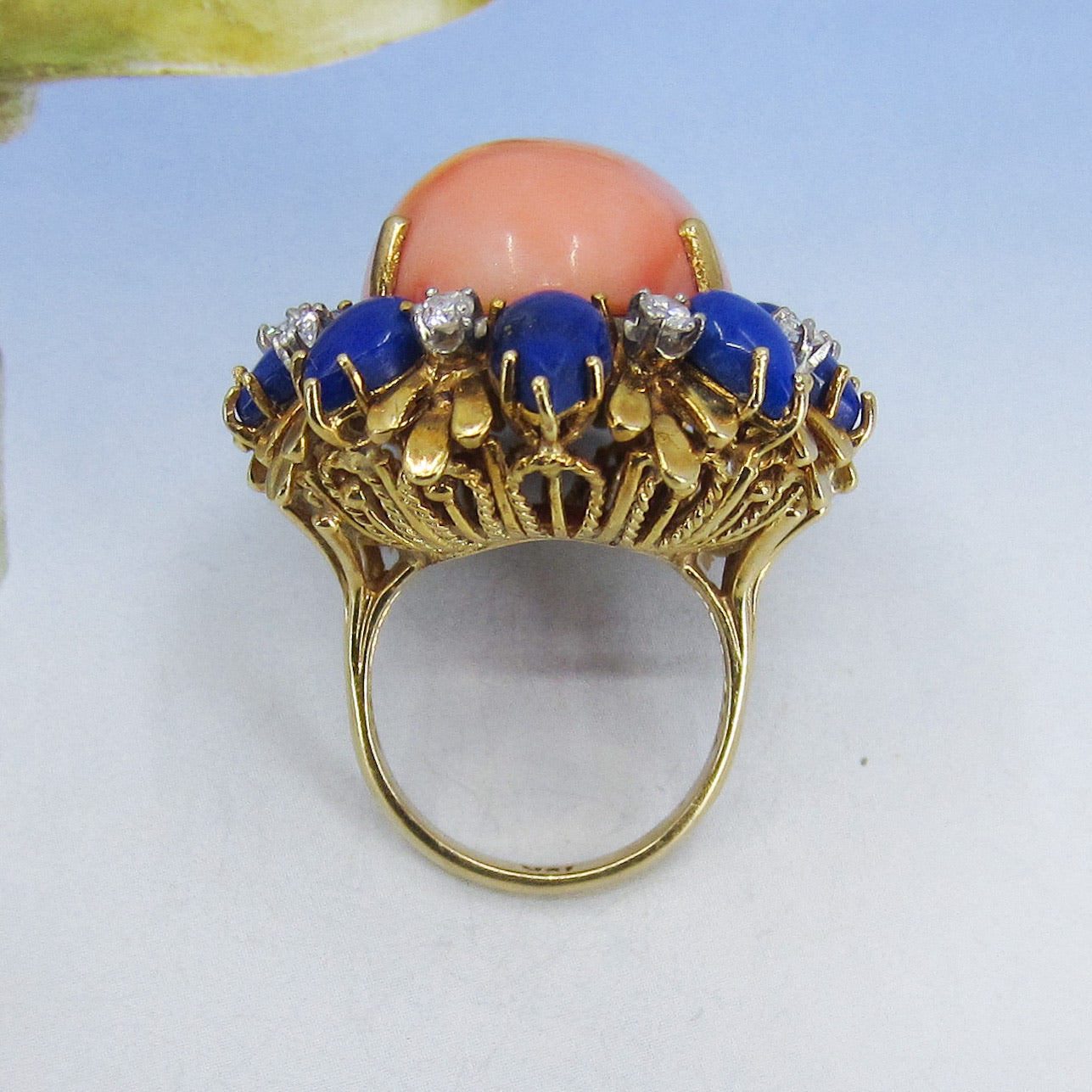 SOLD--MASSIVE Mid-Century Coral, Lapis and Diamond Ring 18k c. 1960