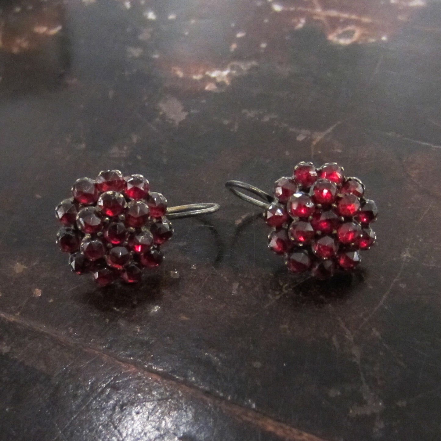 SOLD-Victorian Bohemian Garnet Cluster Earrings Silver c. 1890