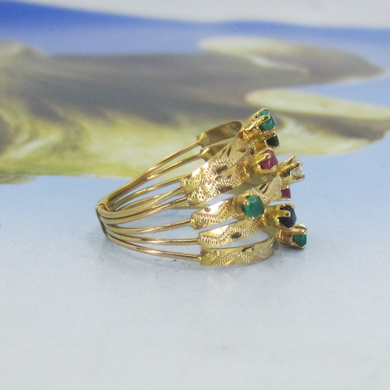 SOLD-Mid-Century Multi-Gem Harem Ring 18k, size 6 c. 1960