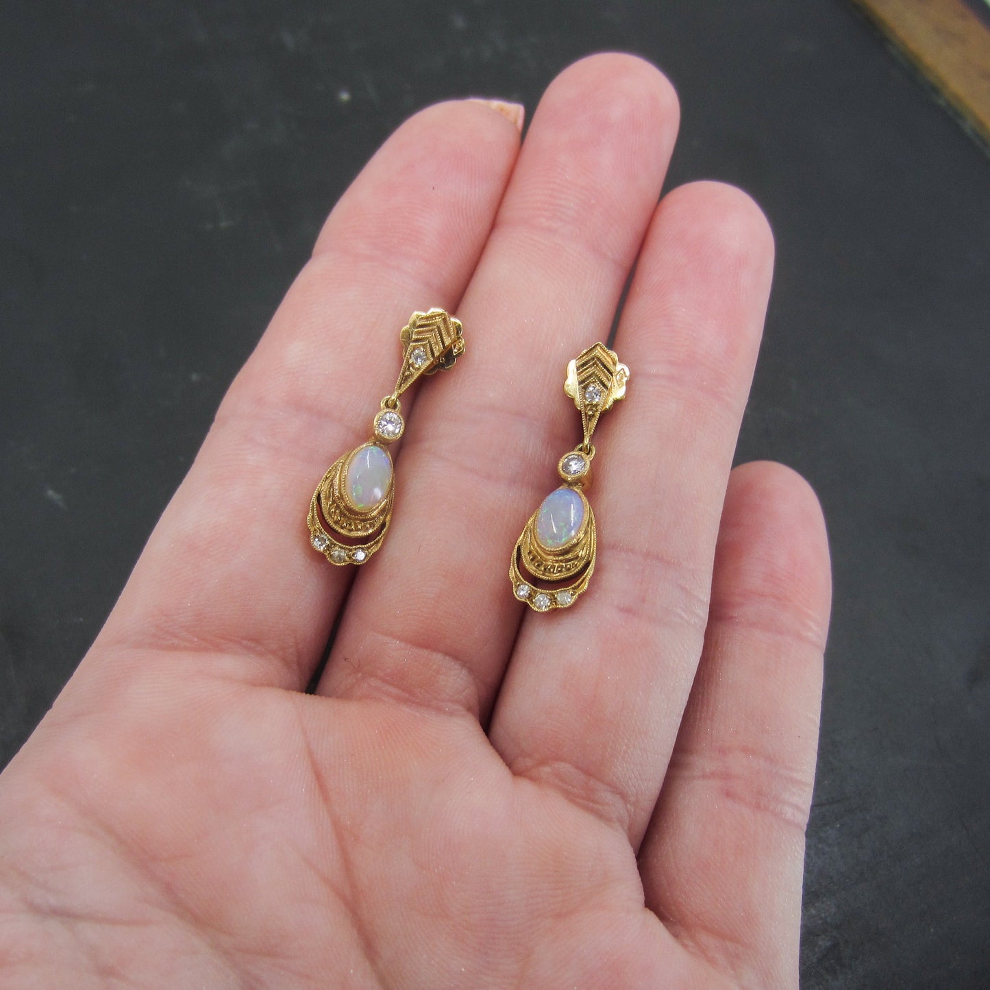 SOLD-Vintage Opal and Diamond Drop Earrings 14k