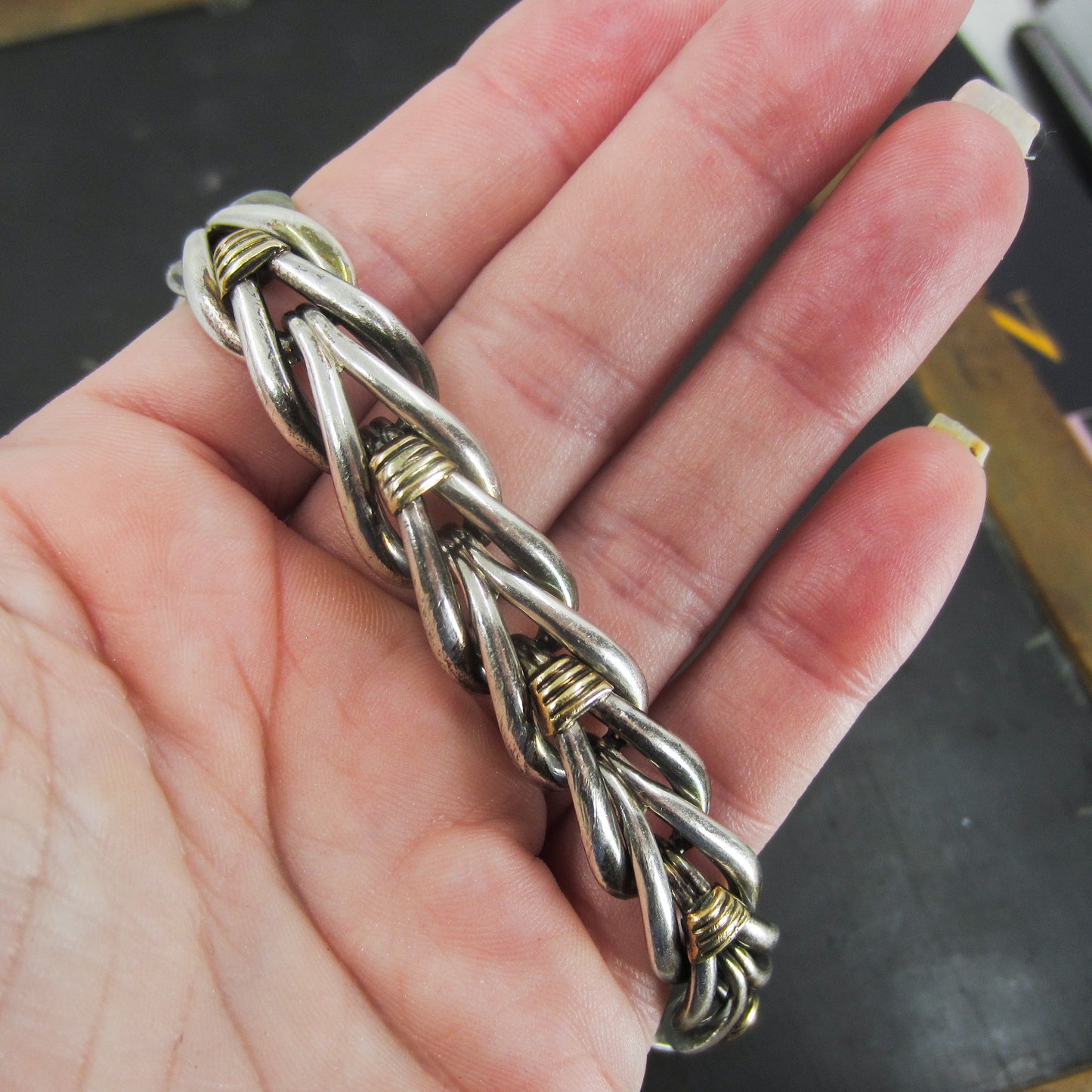 SOLD--Vintage Chevron Link Bracelet Sterling/18k, French, Christofle c. 1970