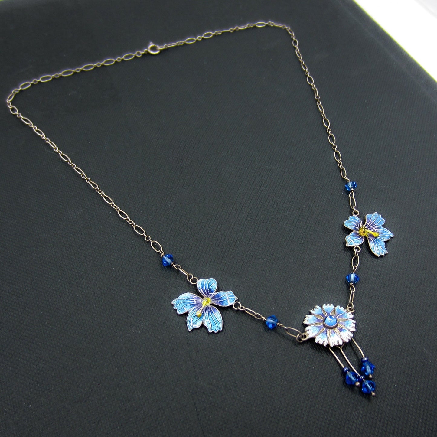 SOLD--Vintage Blue Enamel Flower Necklace Sterling, Scandinavian c. 1970