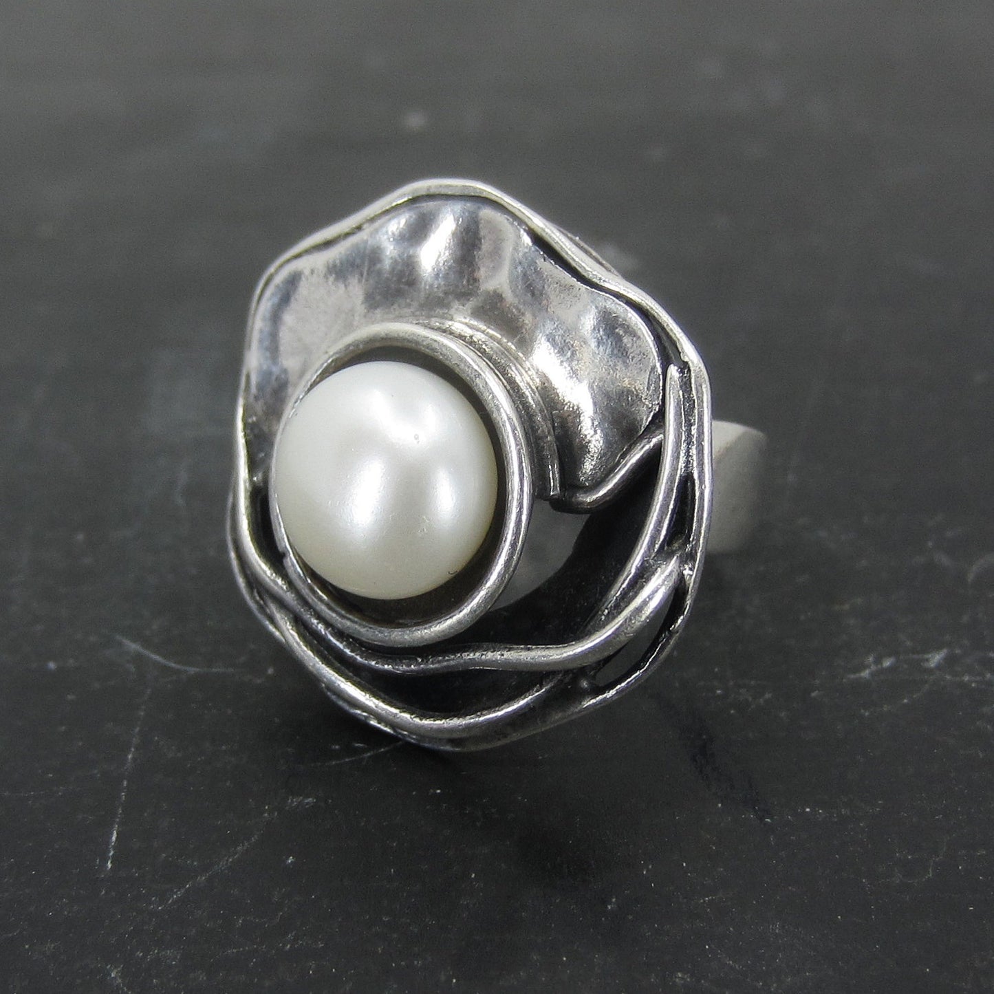 SOLD--Modernist Pearl Ring Sterling Silver c. 1970