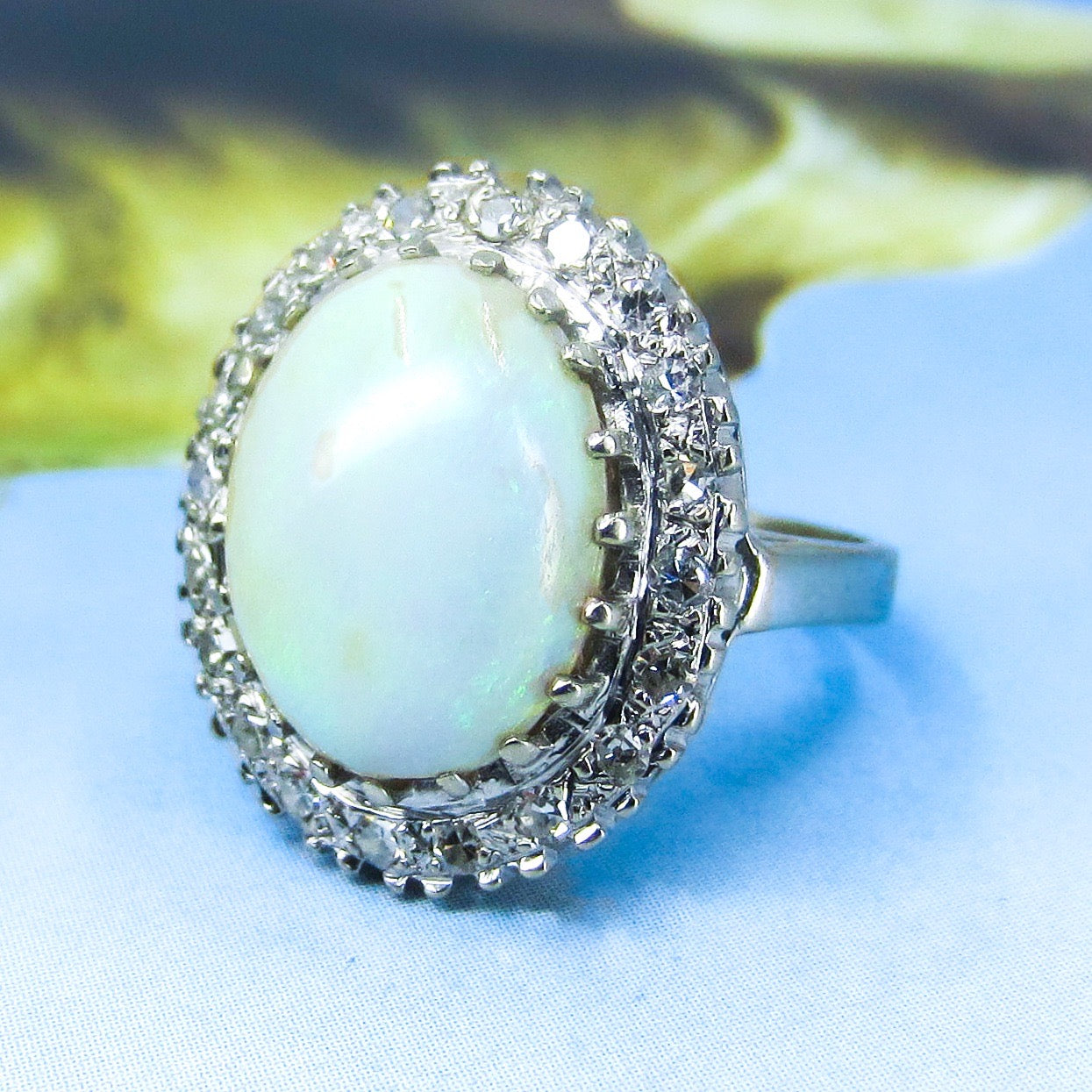 Mid-Century Opal and Diamond Cluster Ring 14k c. 1960