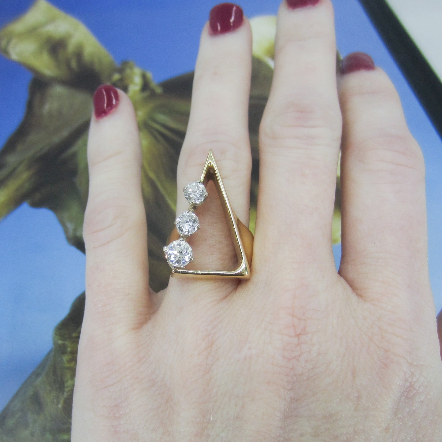 SOLD--MidCentury Modernist Giant Diamond Triangle Ring 14k c. 1970