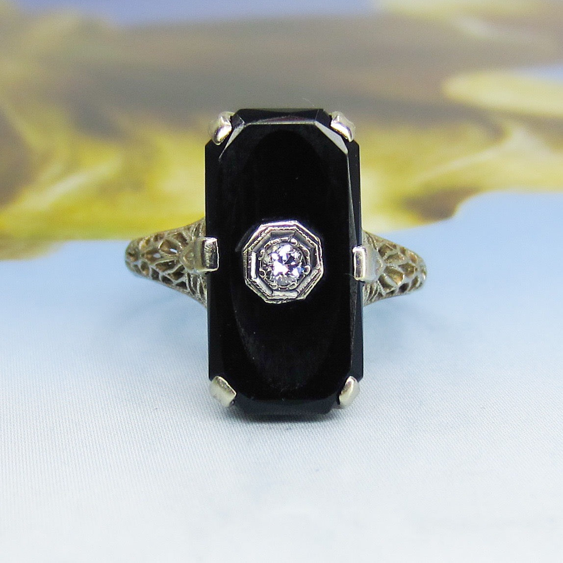SOLD--Art Deco Onyx and Diamond Filigree Ring 14k c. 1930