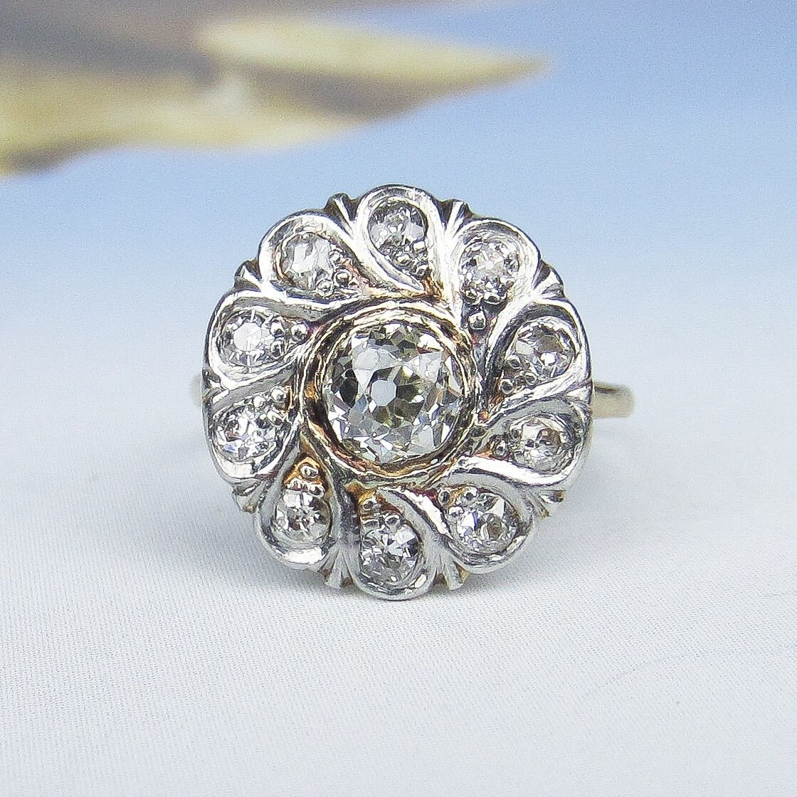 SOLD--Edwardian Old Mine Diamond Cluster Ring Platinum/14k c. 1910