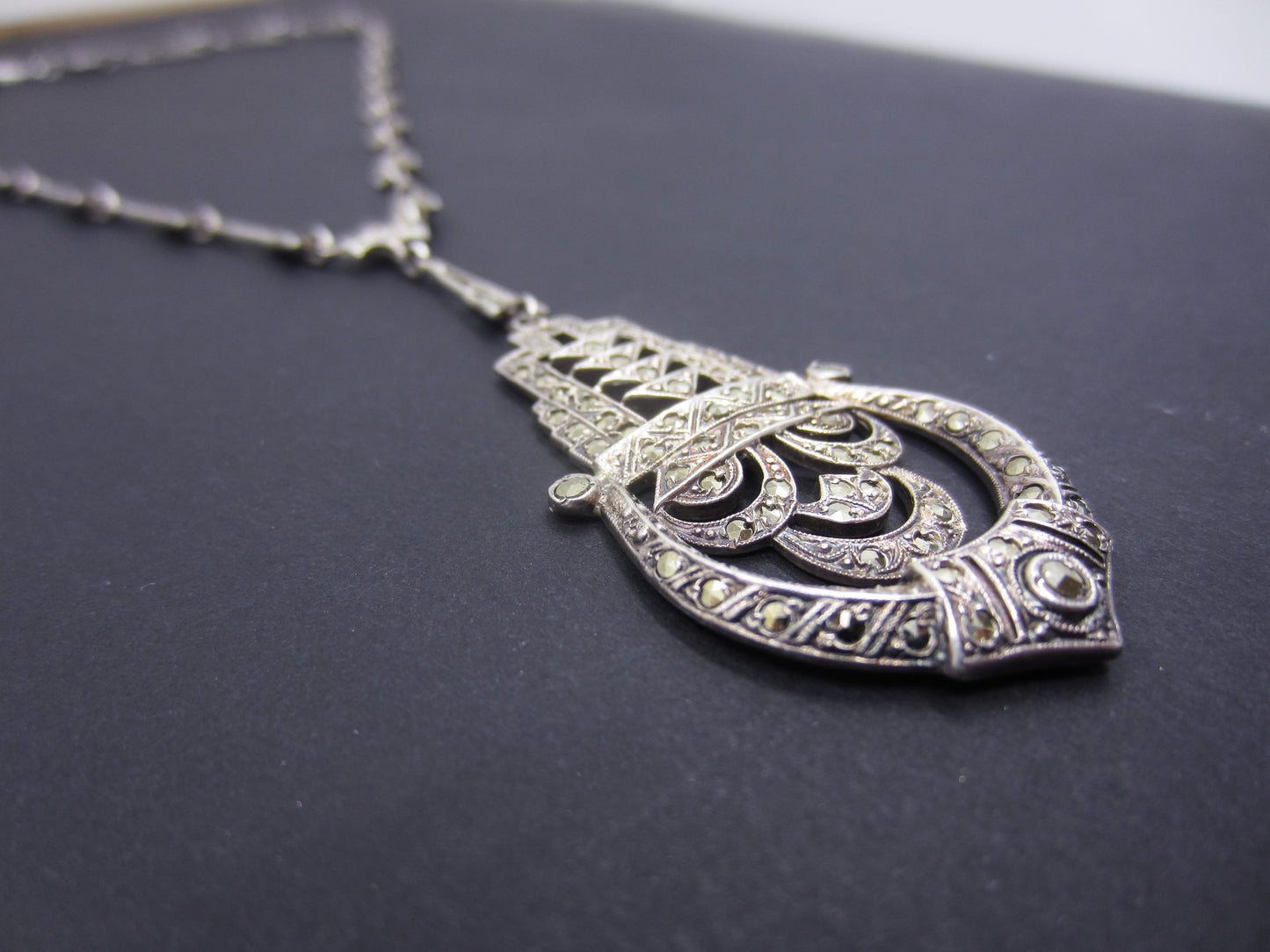 SOLD--Art Deco Marcasite Drop Necklace Sterling Silver c. 1930