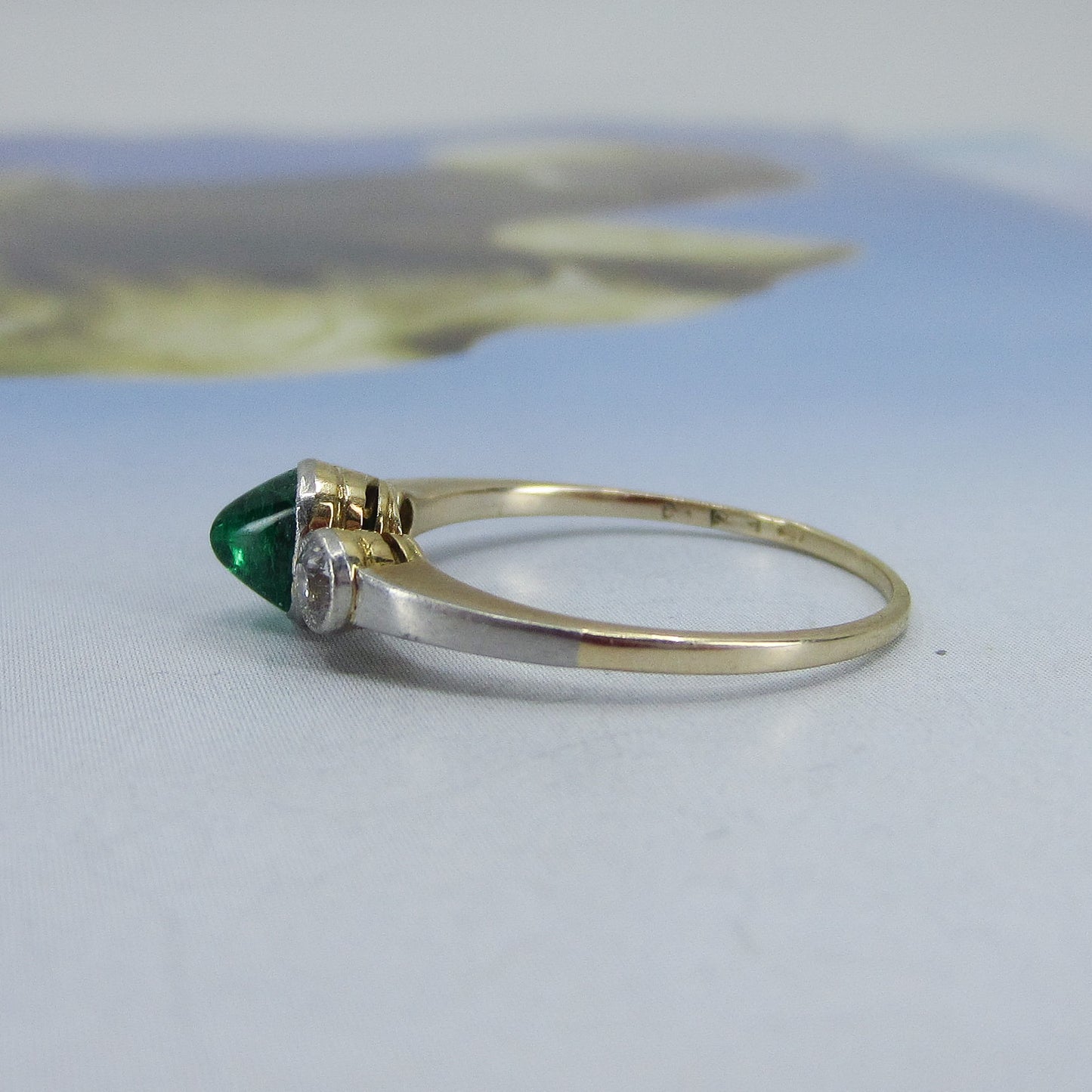 SOLD-Art Deco Cabochon Emerald and Old Euro Diamond Ring Platinum/14k c. 1930