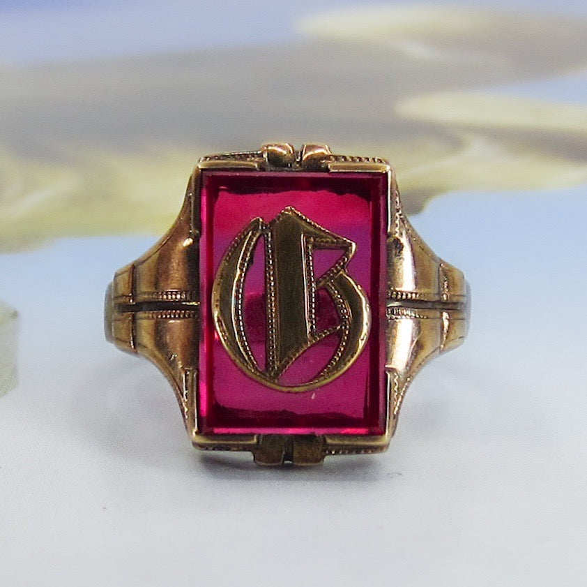 Art Déco Synthetic Ruby “D” Initial Signet Ring 10k c. 1920
