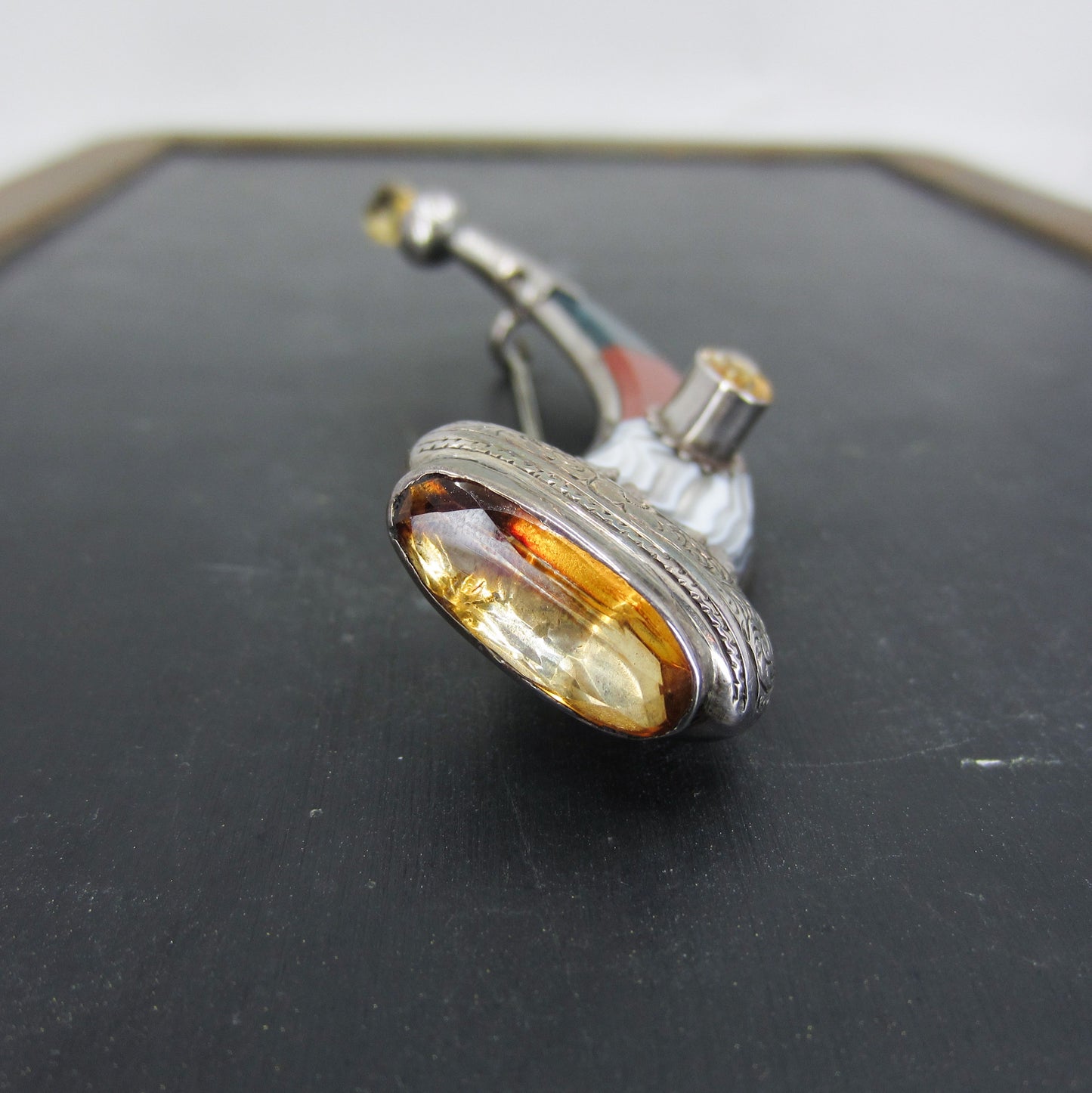 SOLD--Huge Victorian Scottish Agate and Citrine Hunting Horn Brooch Sterling c. 1880