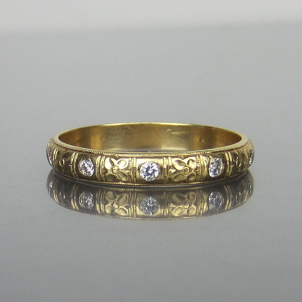 SOLD--Mid-Century Vintage Patterned Diamond Eternity Band 14k c. 1950