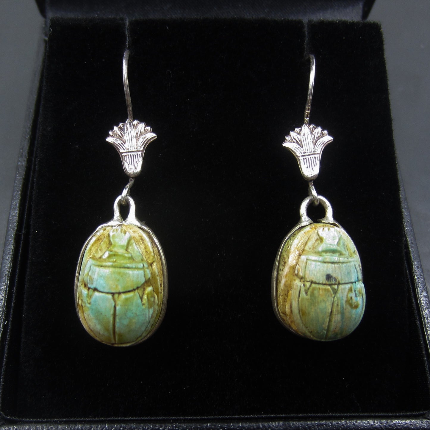 SOLD--Vintage Egyptian Revival Faience Scarab Earrings Silver c. 1970