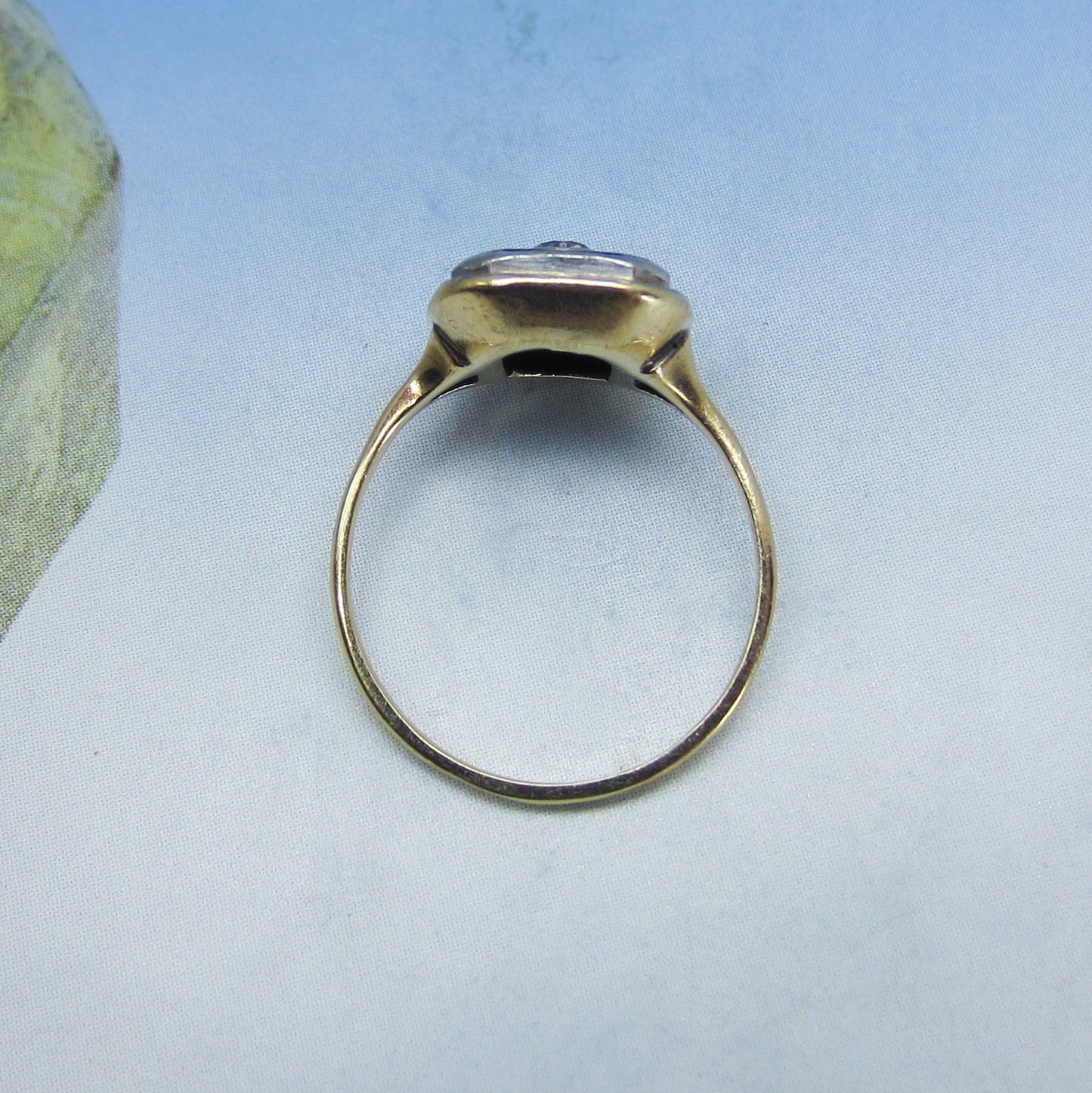 SOLD—Art Deco Old European Diamond and Onyx Ring 14k c. 1920