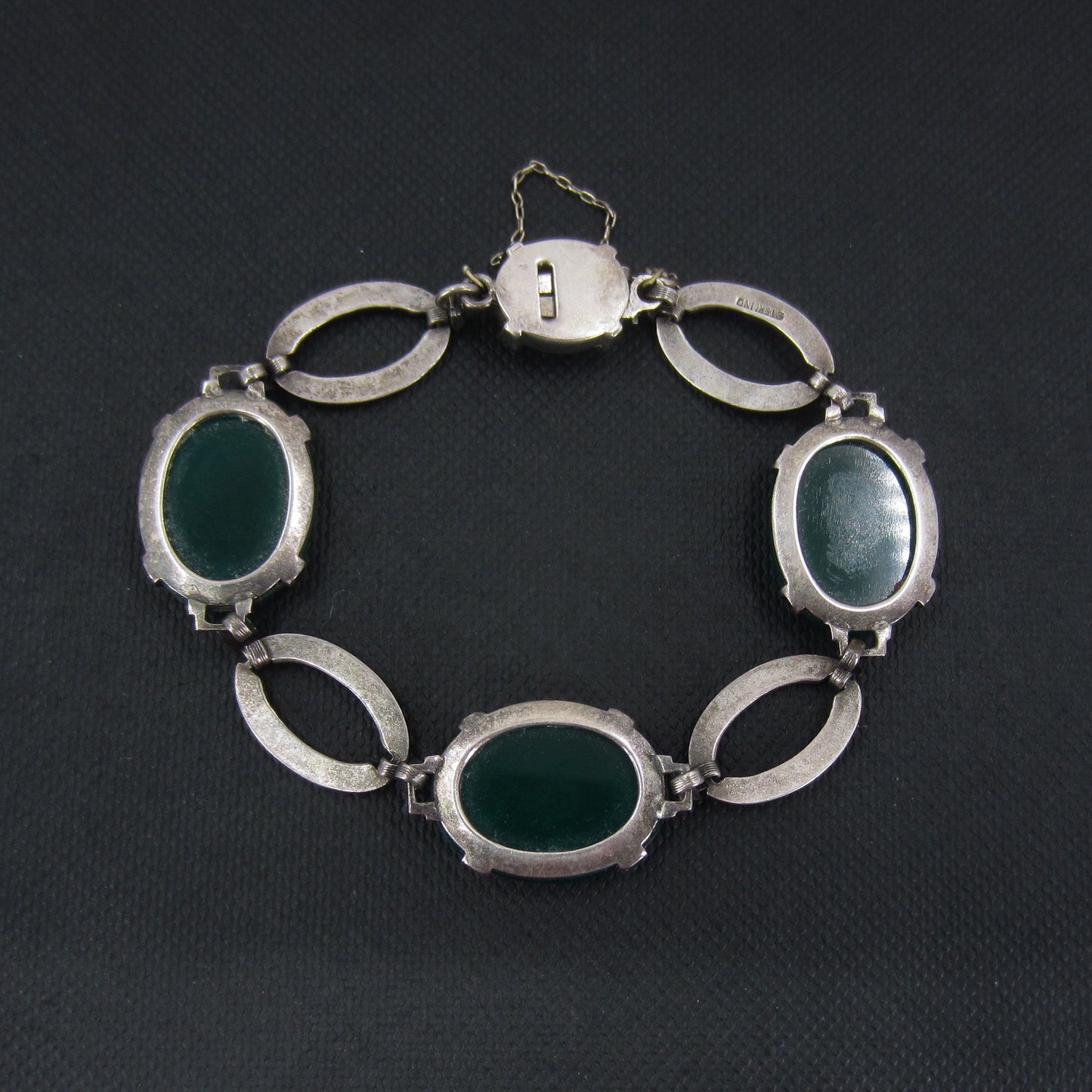 SOLD--Art Deco Green Chalcedony and Marcasite Bracelet Sterling c. 1930