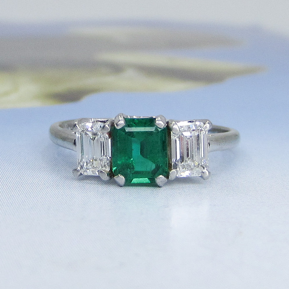 SOLD Vintage Mid-Century Emerald and Diamond Ring 18k/Plat c. 1950