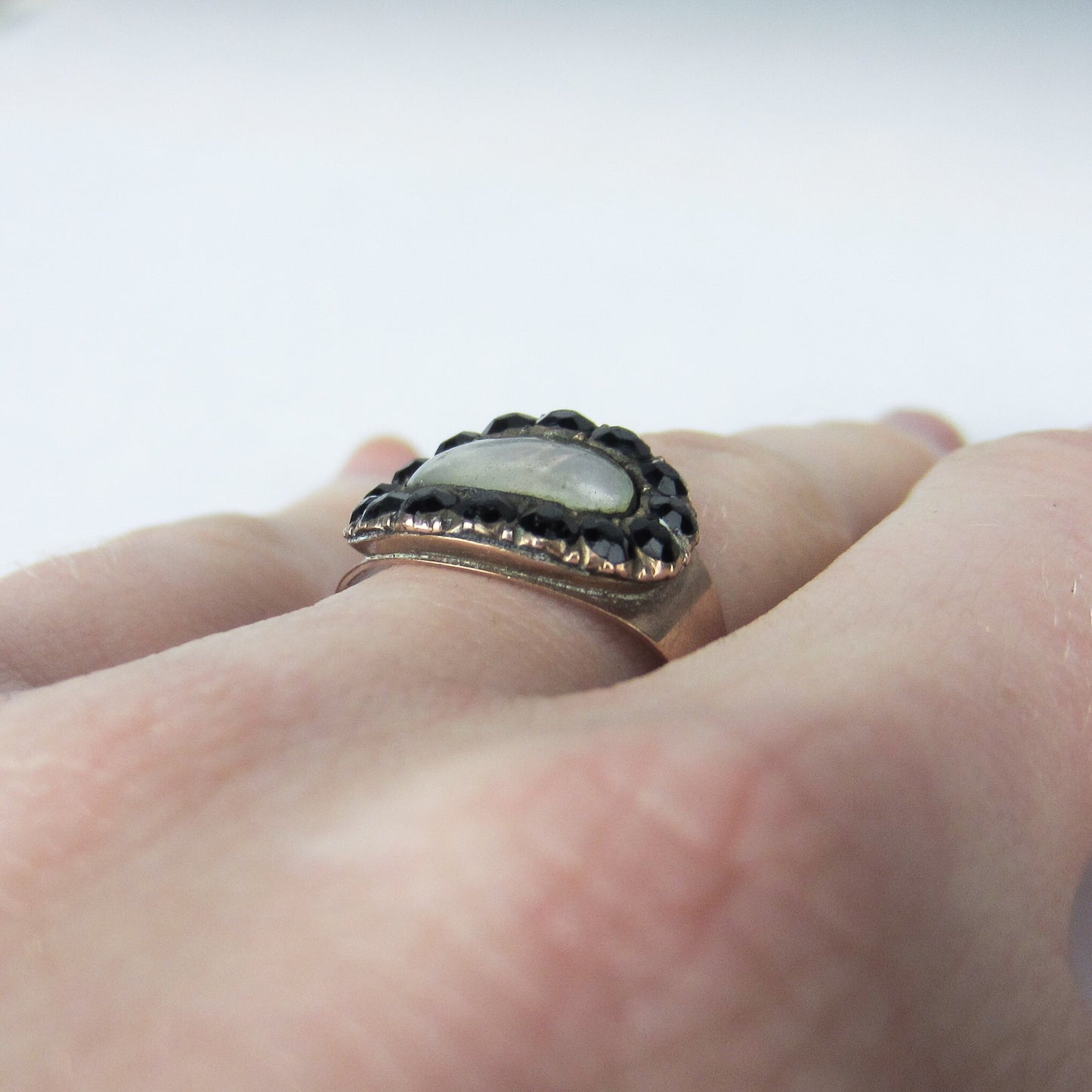 SOLD--Georgian Jet "M" Mourning Ring 12k c. 1808